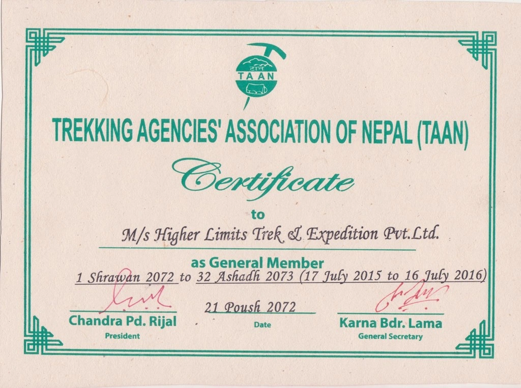 Certificate from Trekking Agent Association of Nepal (TAAN)