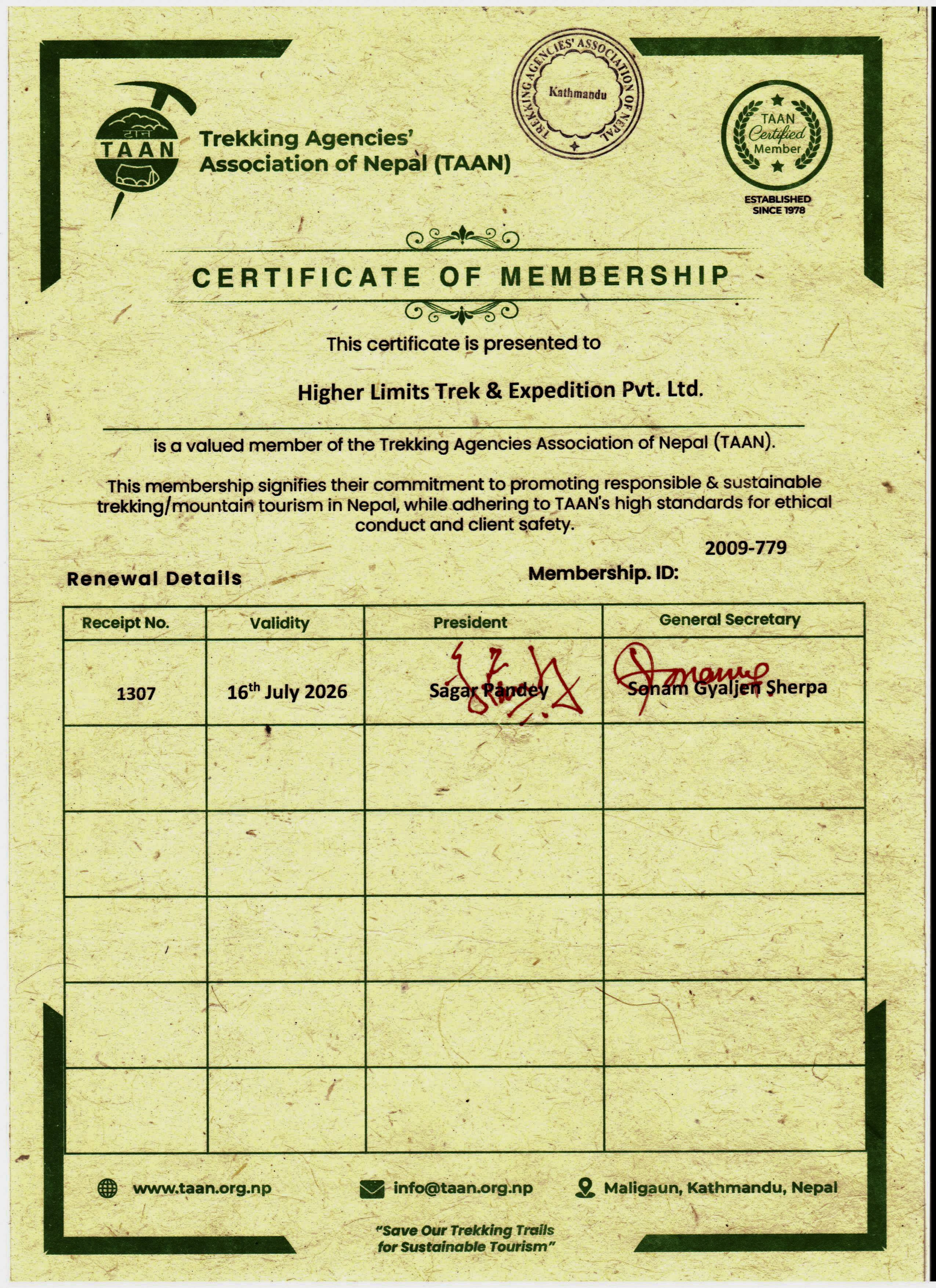 Certificate from Trekking Agent Association of Nepal (TAAN)