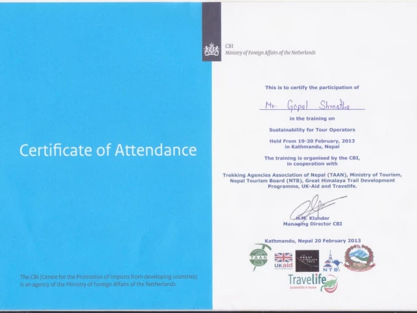 Certificate Of Sustainable Tourism Training
