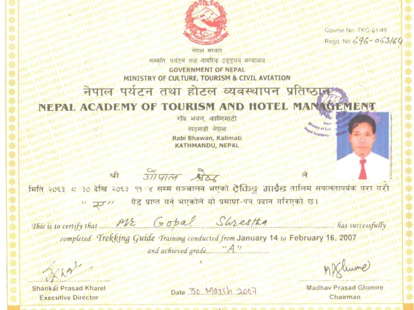 Gopal Shrestha Guide Trainning Certificate